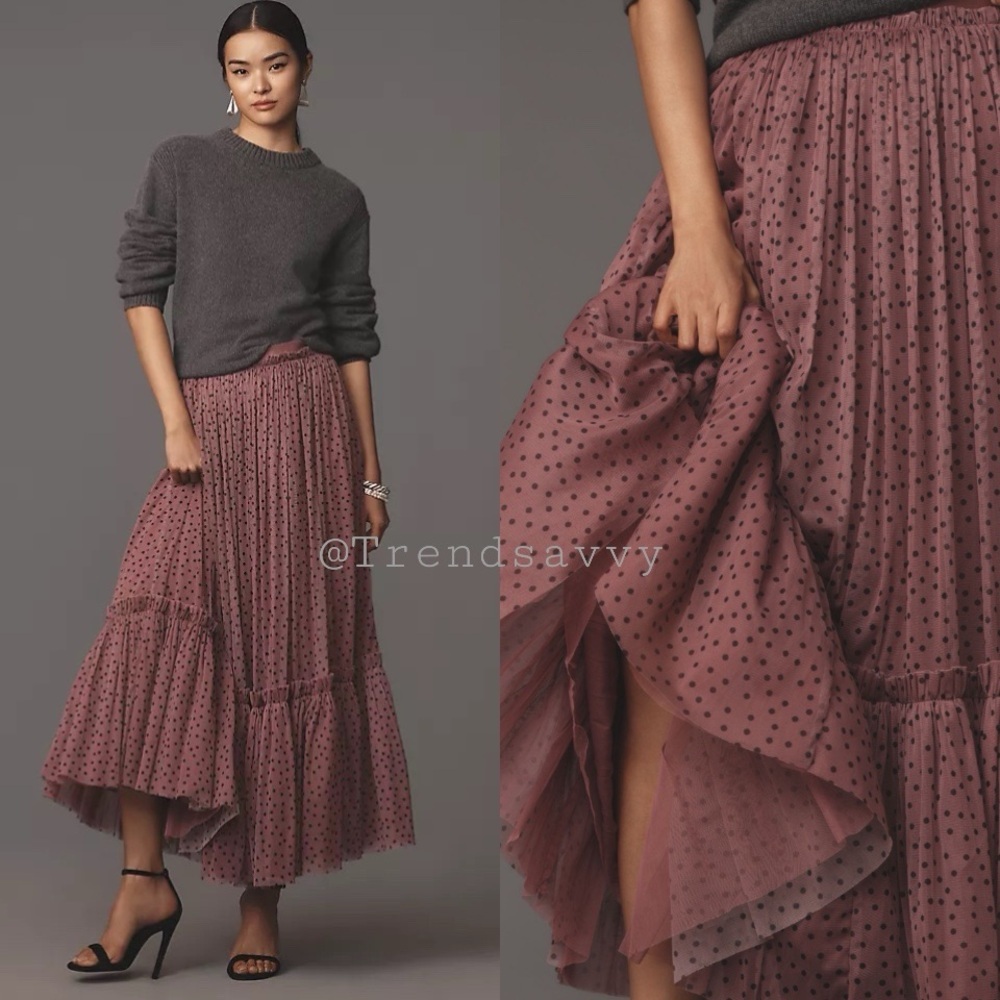 Anthropologie Pink Polka Dot Tiered Tulle Maxi Skirt Small Layered Mesh Romantic